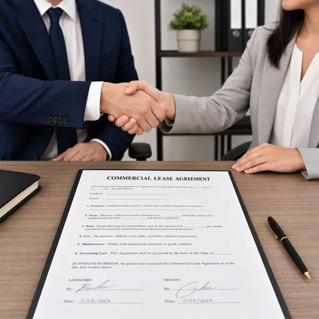 Two business professionals shaking hands over a signed commercial lease agreement in English