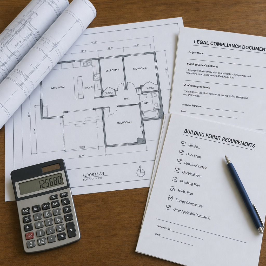 Architectural blueprints, a calculator, and legal compliance documents sitting on a wooden desk in English