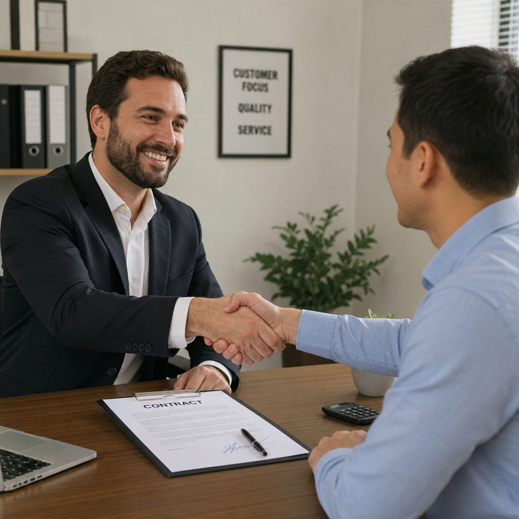 Business owner shaking hands with a buyer over a signed contract