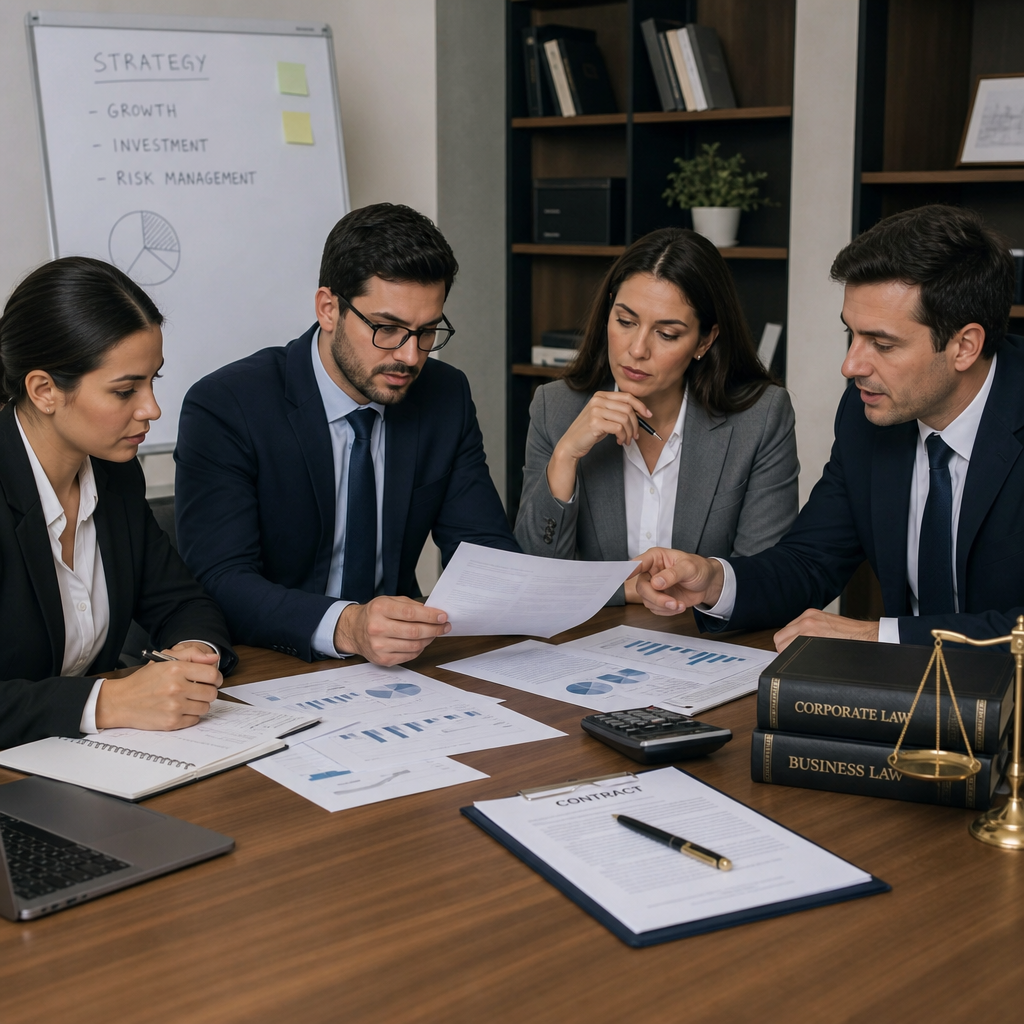 A team of financial advisors and legal experts reviewing business documents