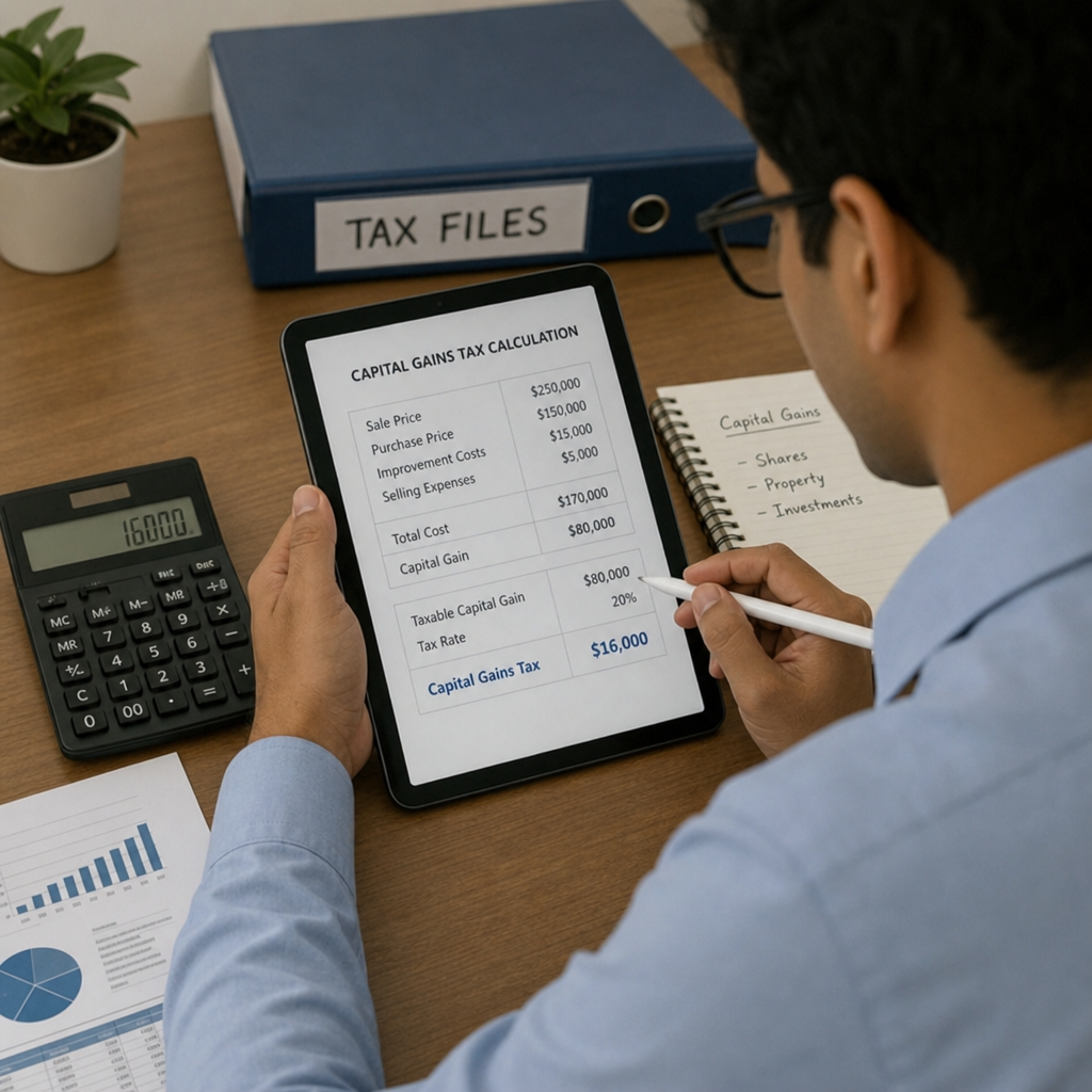 Accountant calculating capital gains tax on a digital tablet
