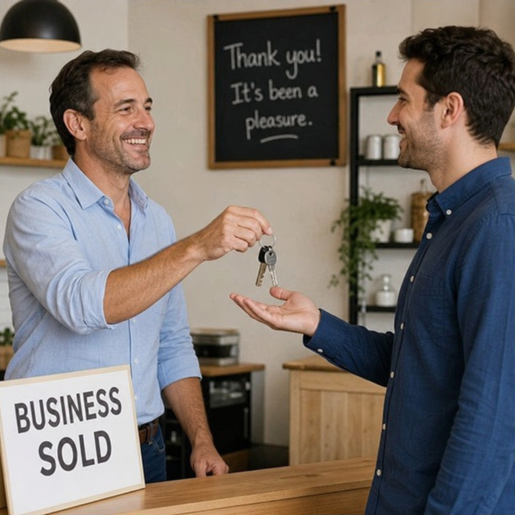 Business owner happily handing over a set of keys to the new owner