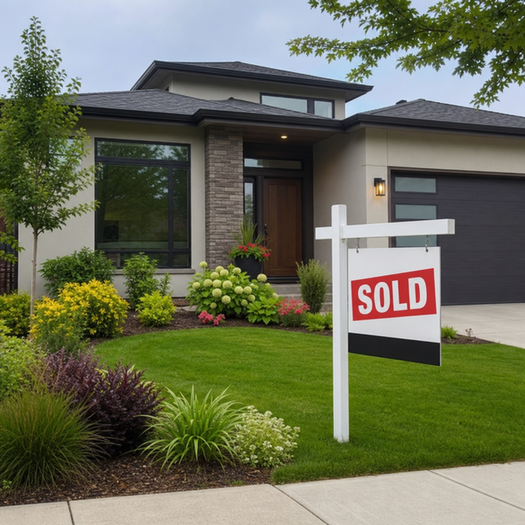 A modern residential home with a beautiful garden and a sold sign in the front yard