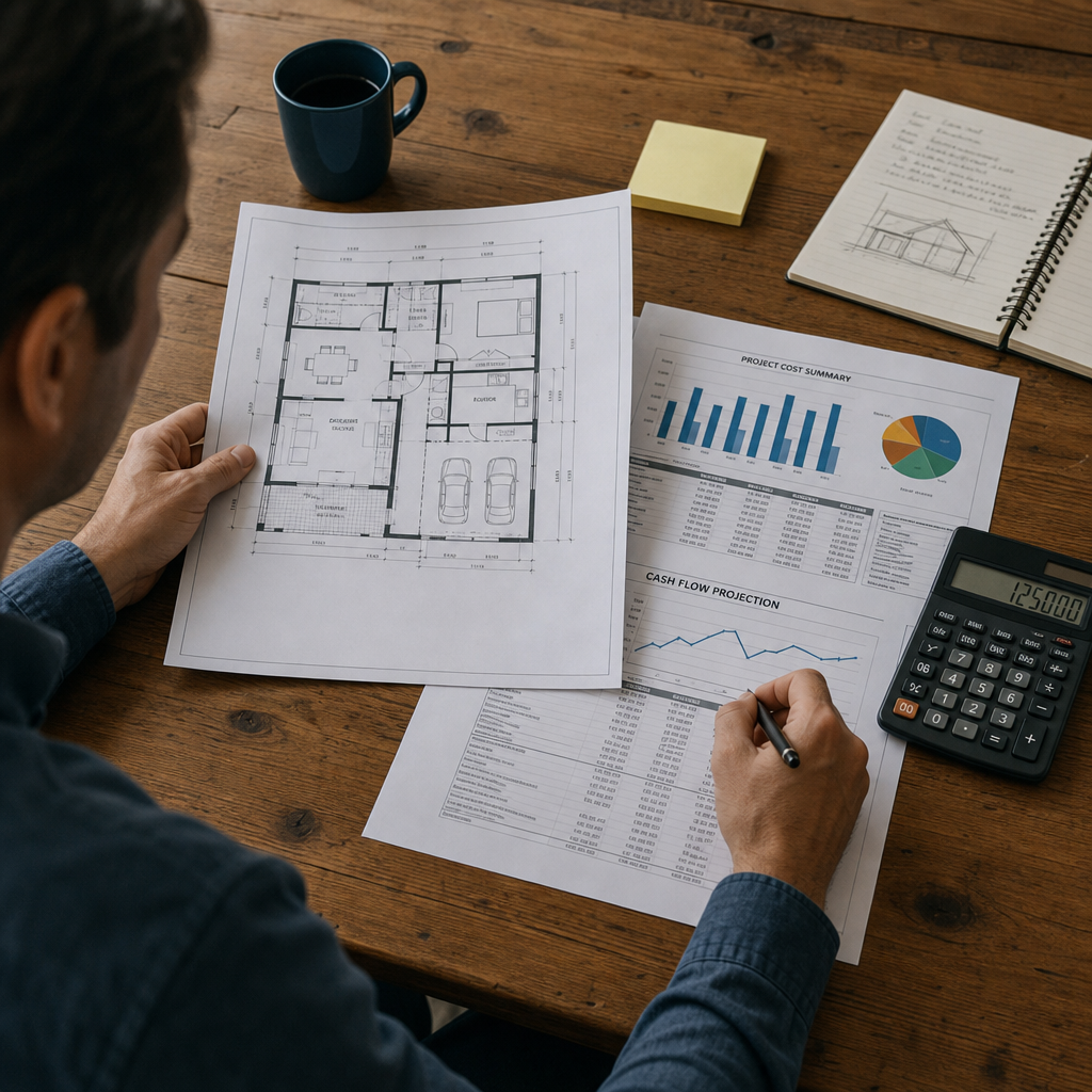 A person reviewing architectural plans and financial charts on a wooden desk