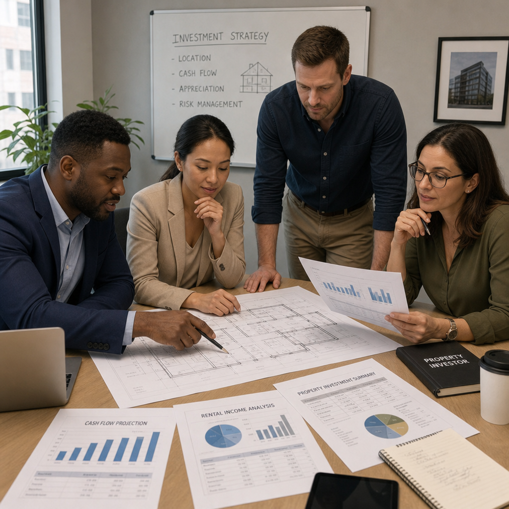 A diverse group of professional property investors reviewing architectural plans and financial charts