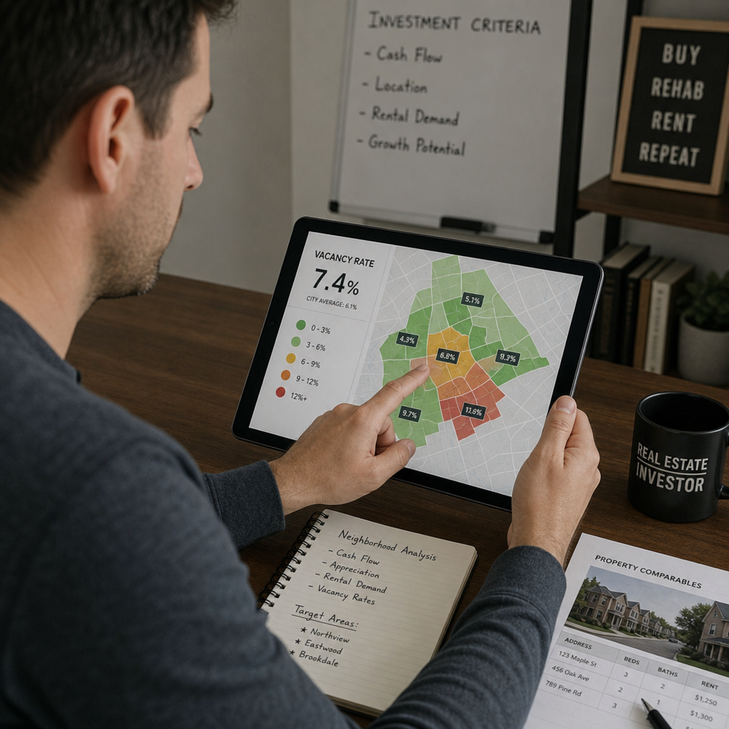 A real estate investor analyzing a neighborhood map and evaluating vacancy rates on a tablet