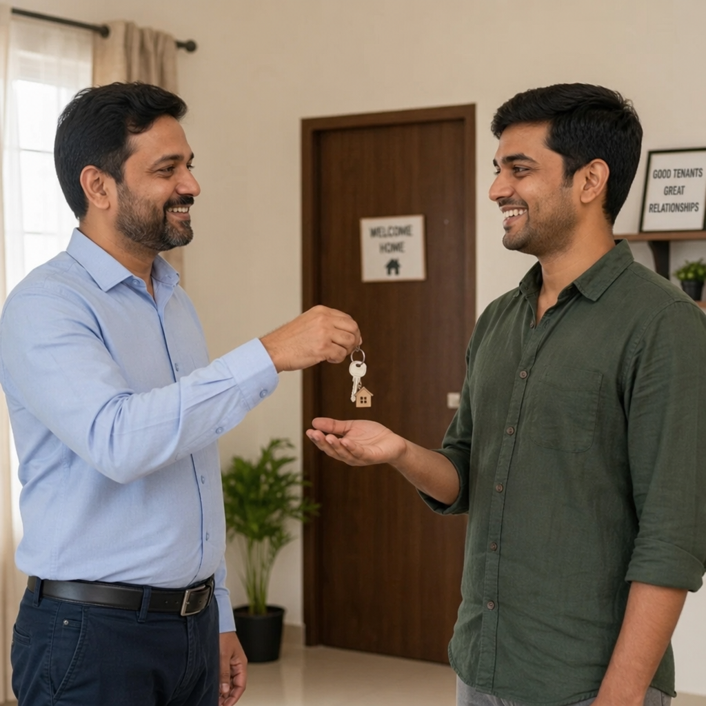 A friendly landlord handing over property keys to a happy tenant, representing good tenant relations