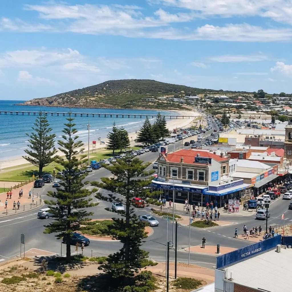 Scenic view of Victor Harbor coastline and bustling commercial district