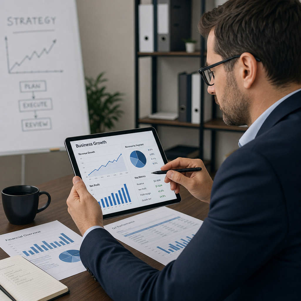 A professional investor analyzing business growth charts and financial documents on a digital tablet