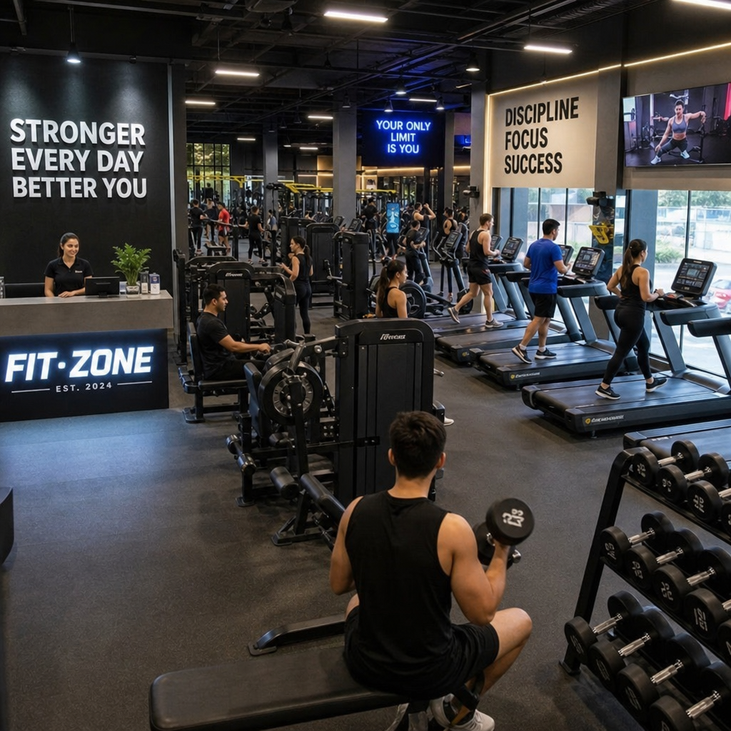 A bustling modern gym showing a successful business investment with state-of-the-art equipment