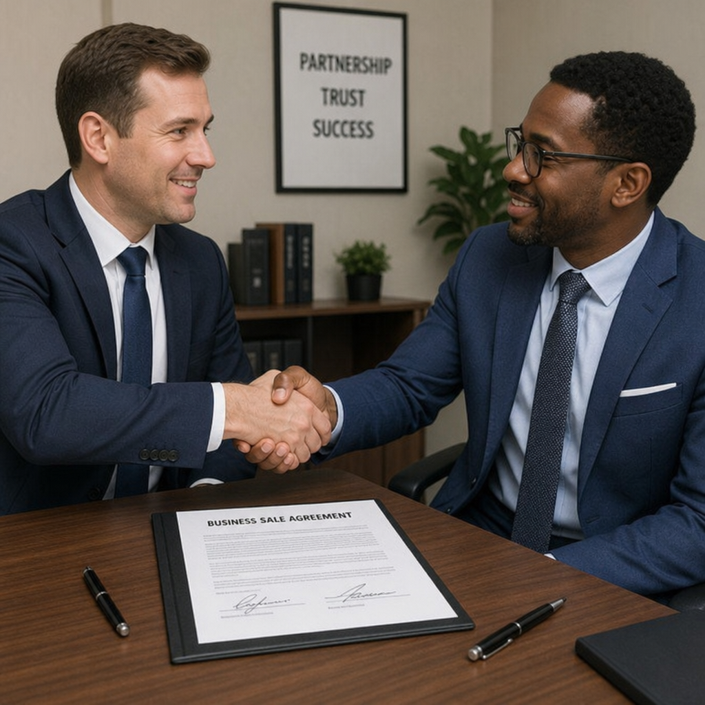 Two business professionals shaking hands over a signed business sale agreement