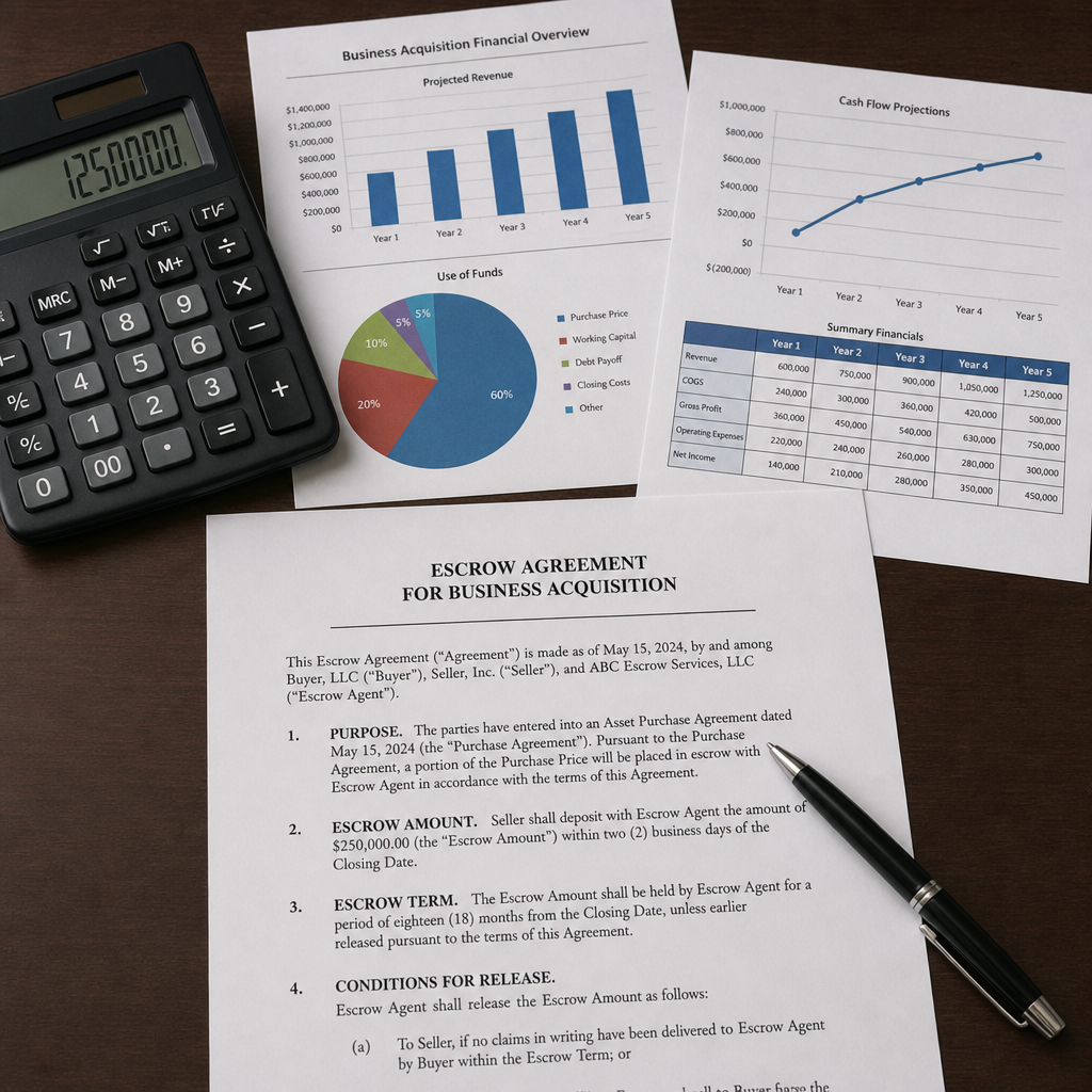 Financial charts, a calculator, and legal documents detailing an escrow account for business acquisition