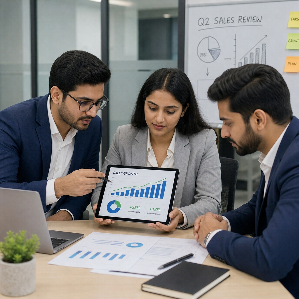 A professional team analyzing sales growth charts on a digital tablet in a modern office