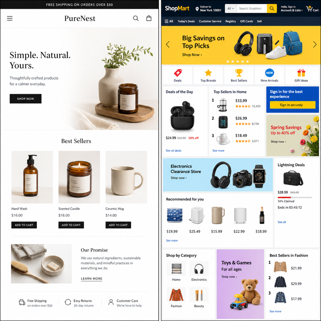 A split screen showing an independent ecommerce website on the left and a busy online marketplace on the right