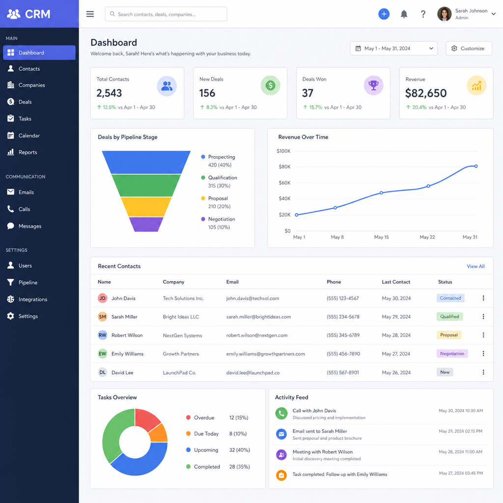 A computer screen displaying a modern Customer Relationship Management software dashboard with analytics and contact lists