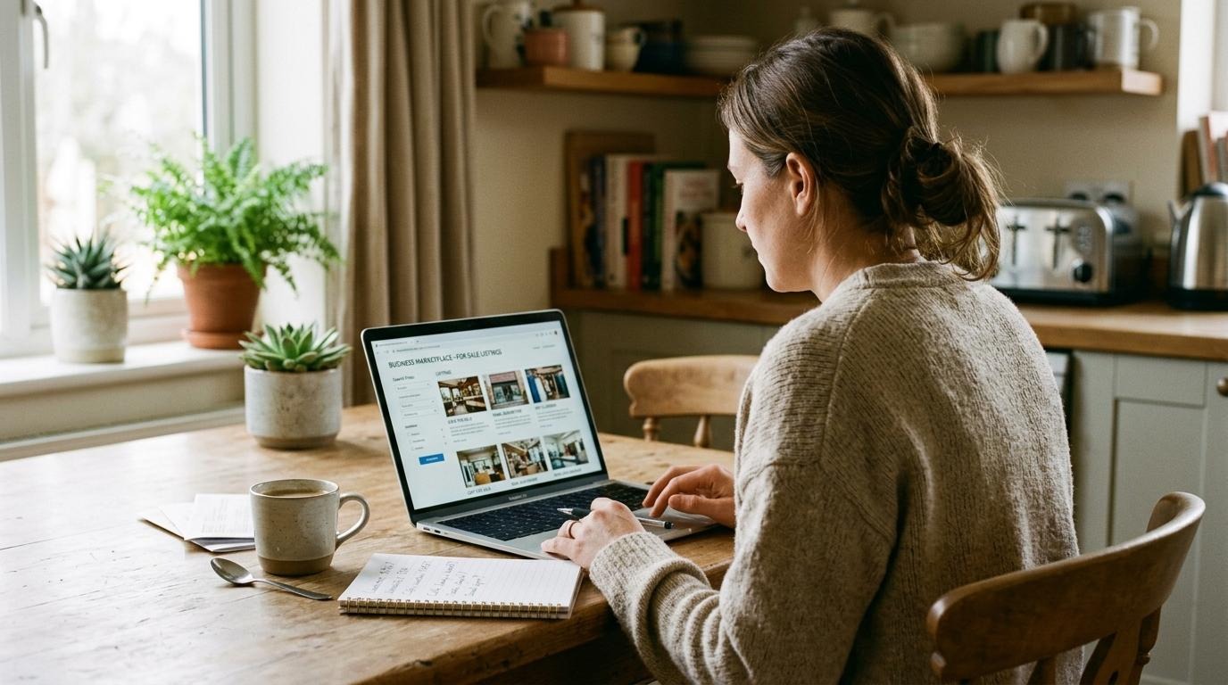 Buyer researching businesses for sale on a laptop.