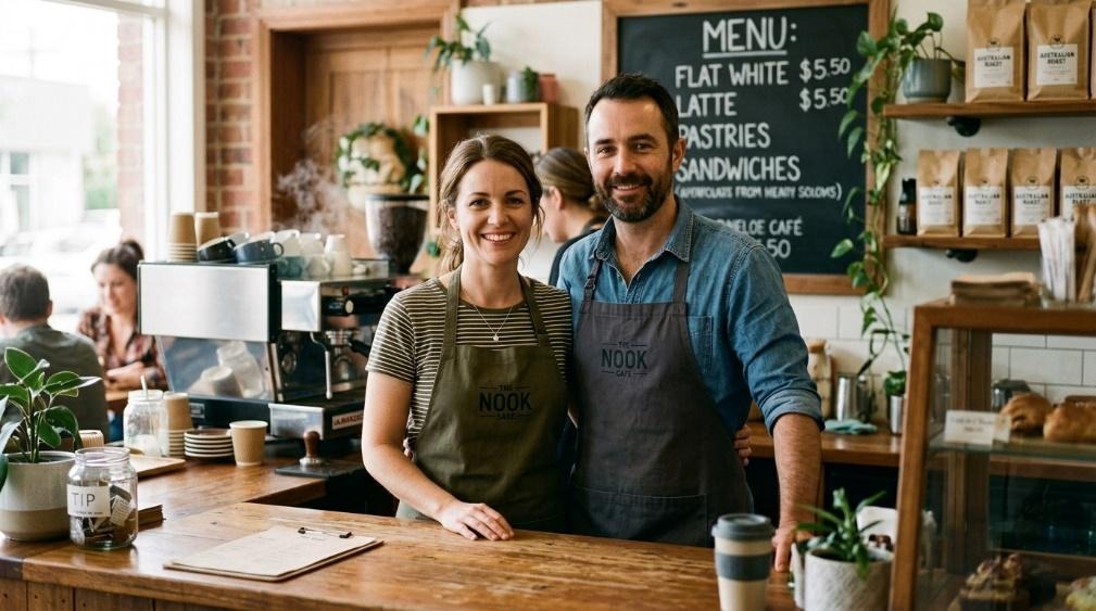 New owners standing behind the counter of their small business in Australia.