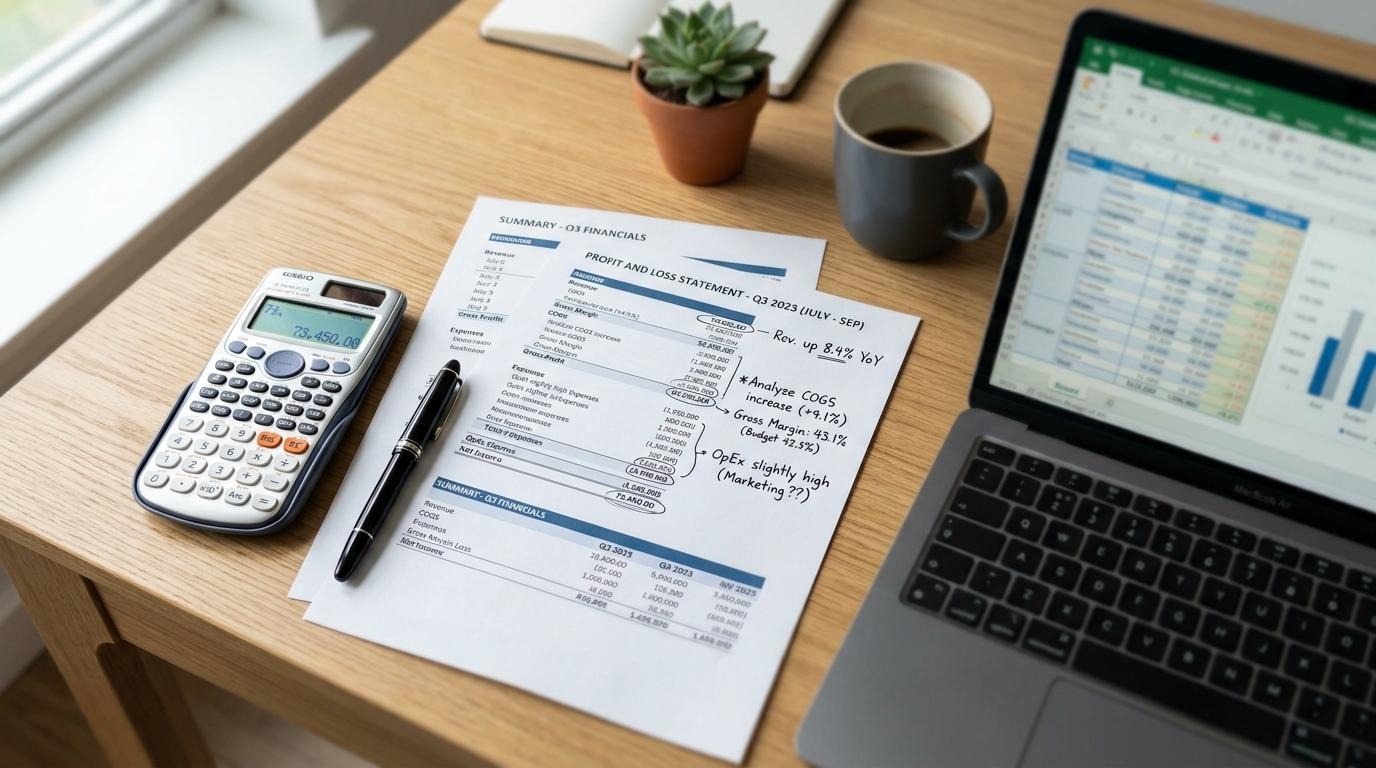 Calculator, financial statements and notes used to value a small business.
