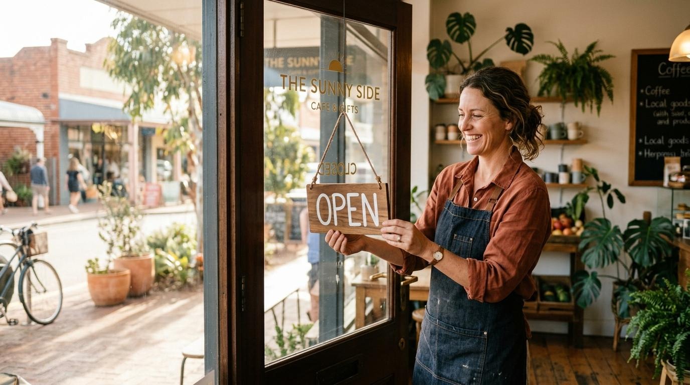 New business owner flipping the open sign on their shop door.