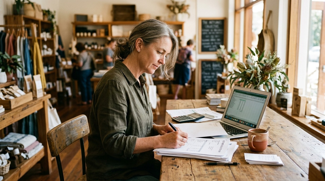 Small business owner reviewing sale paperwork at a bright benchtop.