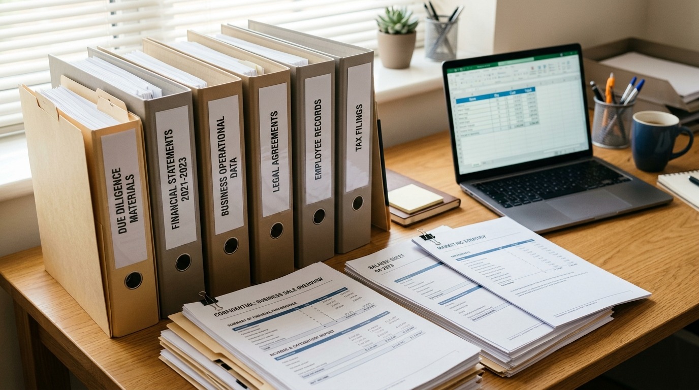 Organised folders and financial documents prepared for a business sale.