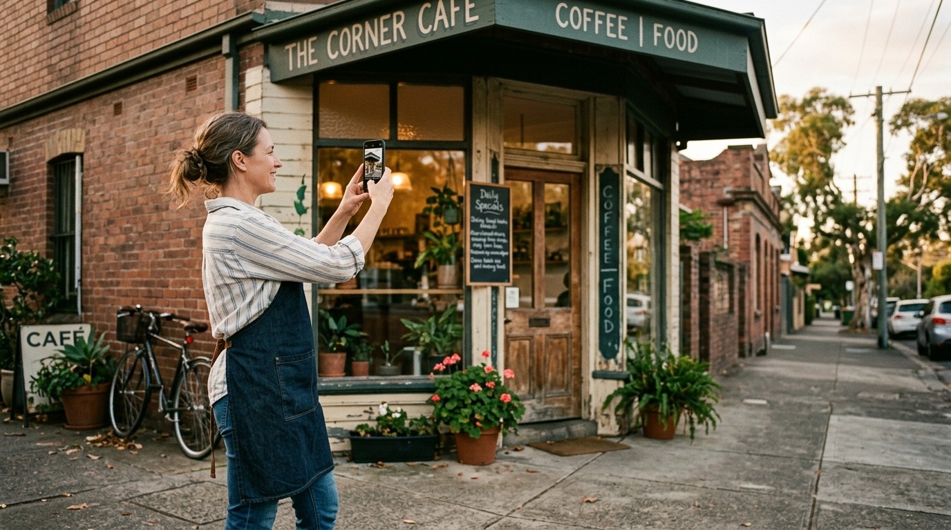 Seller photographing their shopfront to advertise the business for sale.