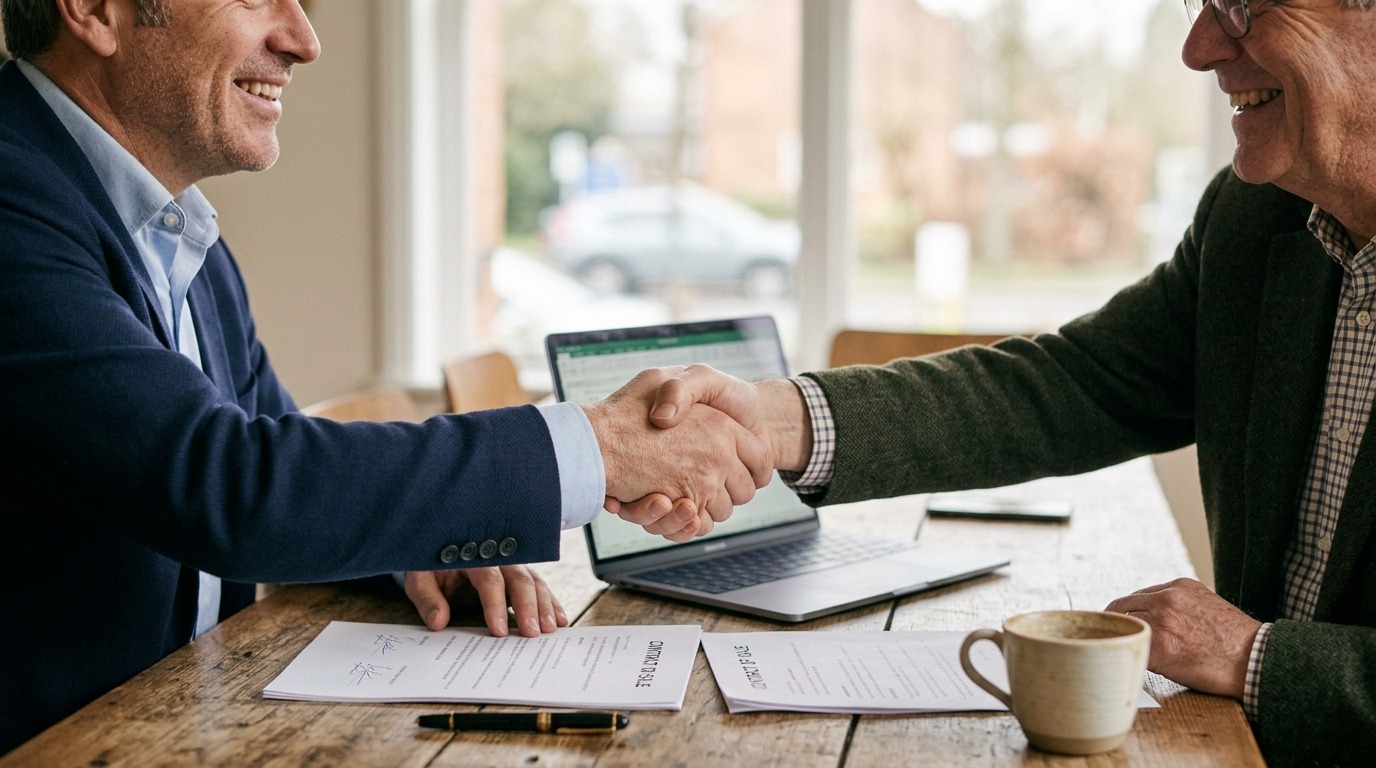 Seller and buyer shaking hands after finalising the business sale.