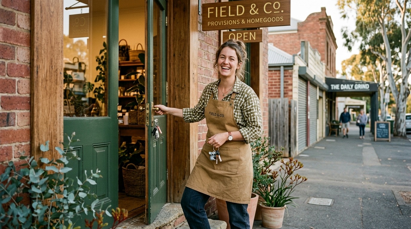 New owner opening the doors of an affordable small business in Australia.