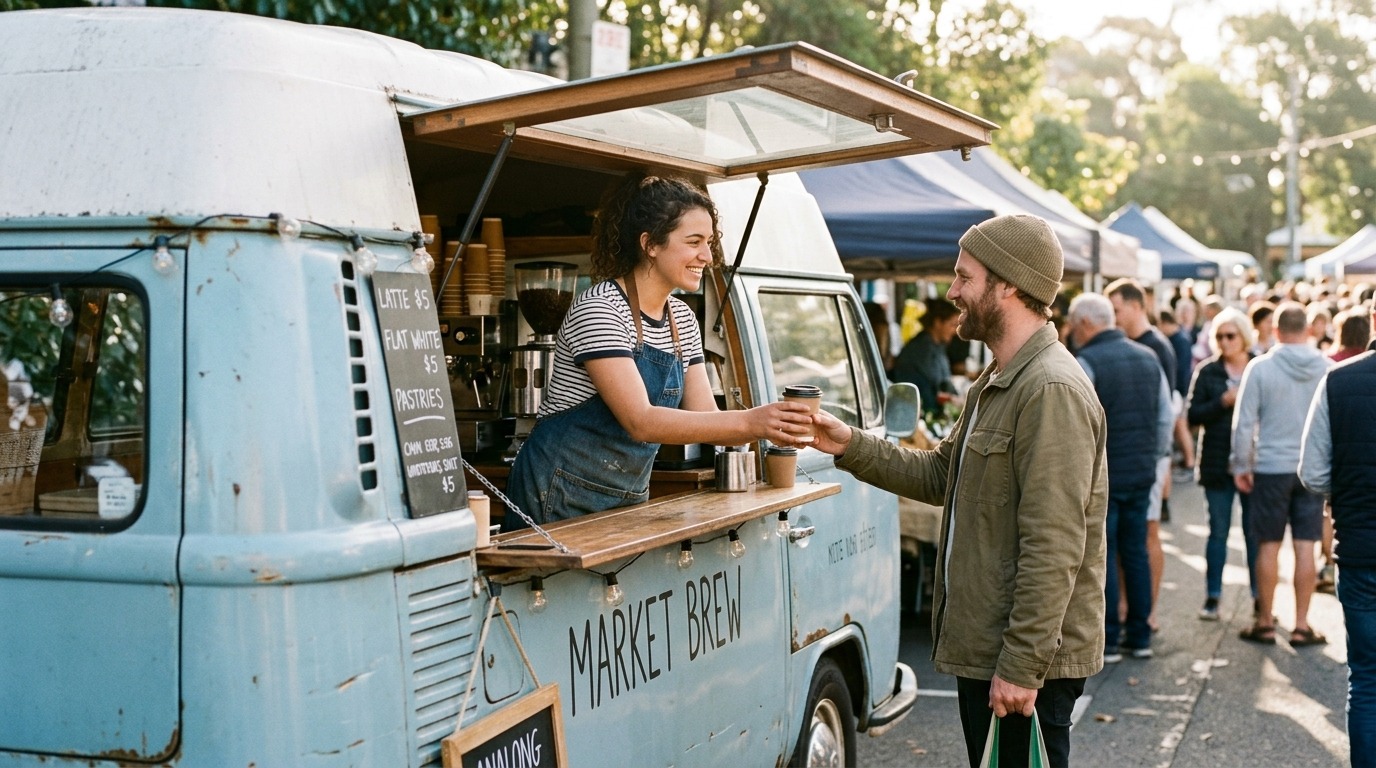 Owner running a mobile coffee van, one of the best businesses to buy under $100k.