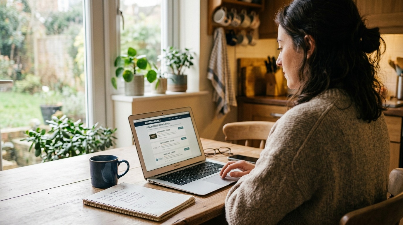 Buyer comparing affordable businesses for sale on a laptop.