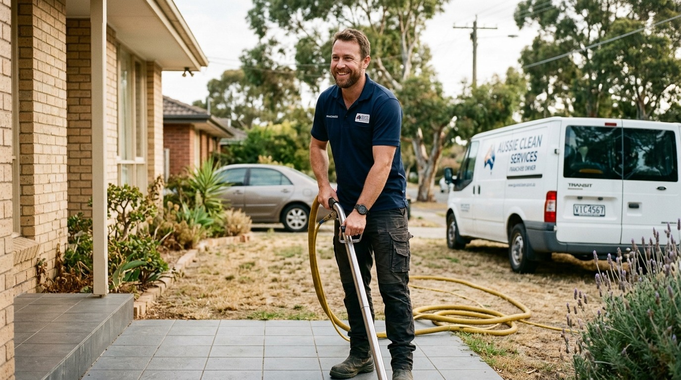 Franchise owner in a branded uniform running an established service business.
