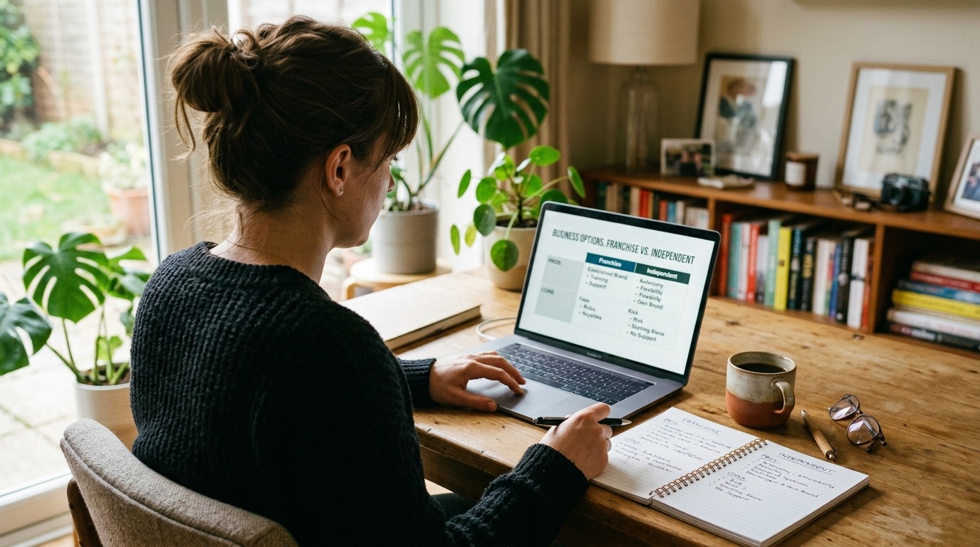 New owner reviewing franchise and independent business options on a laptop.