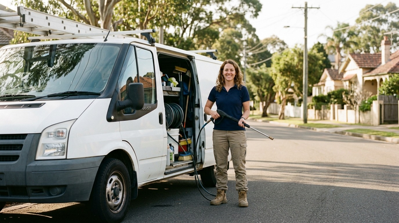 Owner running a mobile, asset-light franchise from a branded work vehicle in Australia.