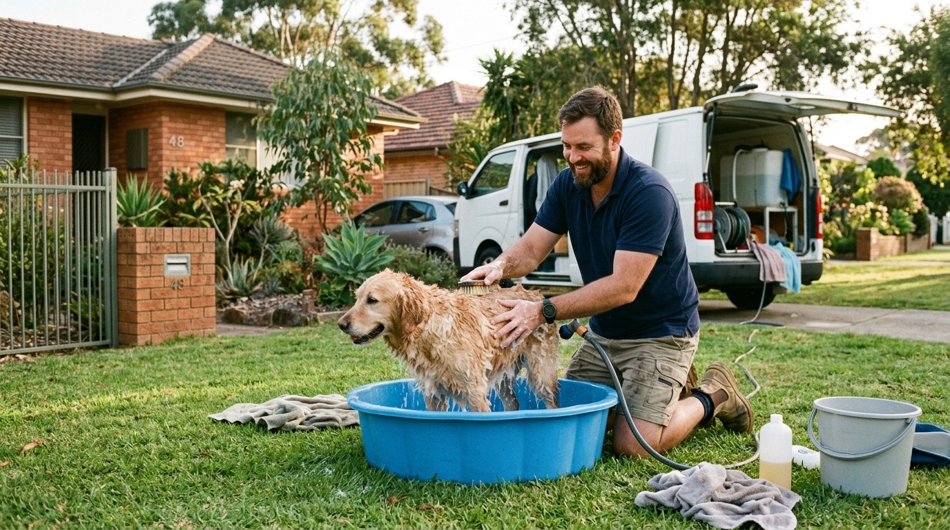 Franchisee running a mobile dog-washing or lawn-care service, a popular asset-light franchise.