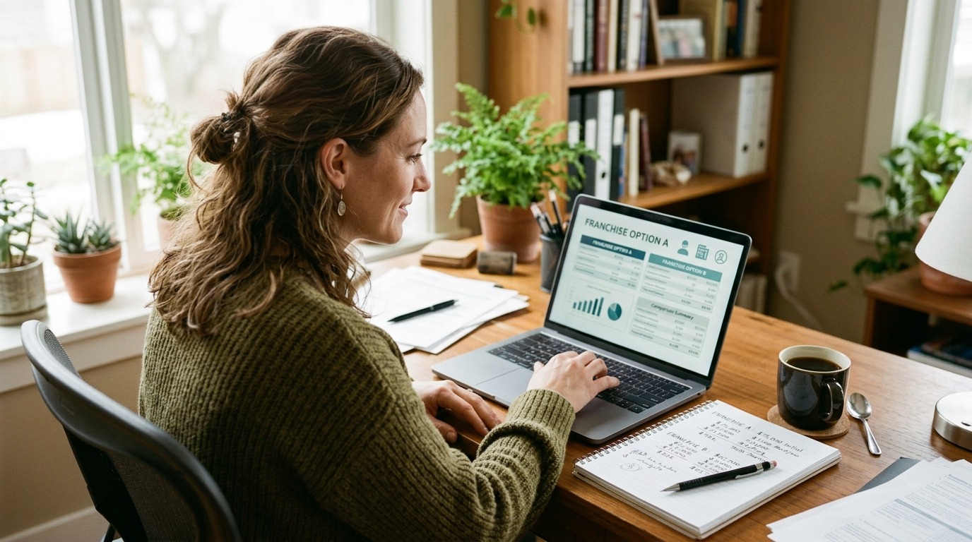 New franchise owner comparing asset-light franchise options on a laptop at home.