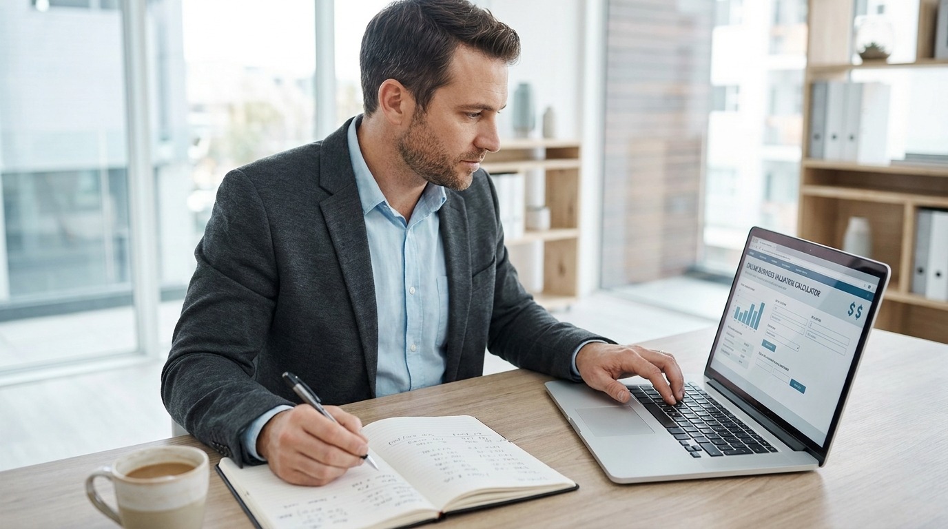 Person using a free online business valuation calculator on a laptop.