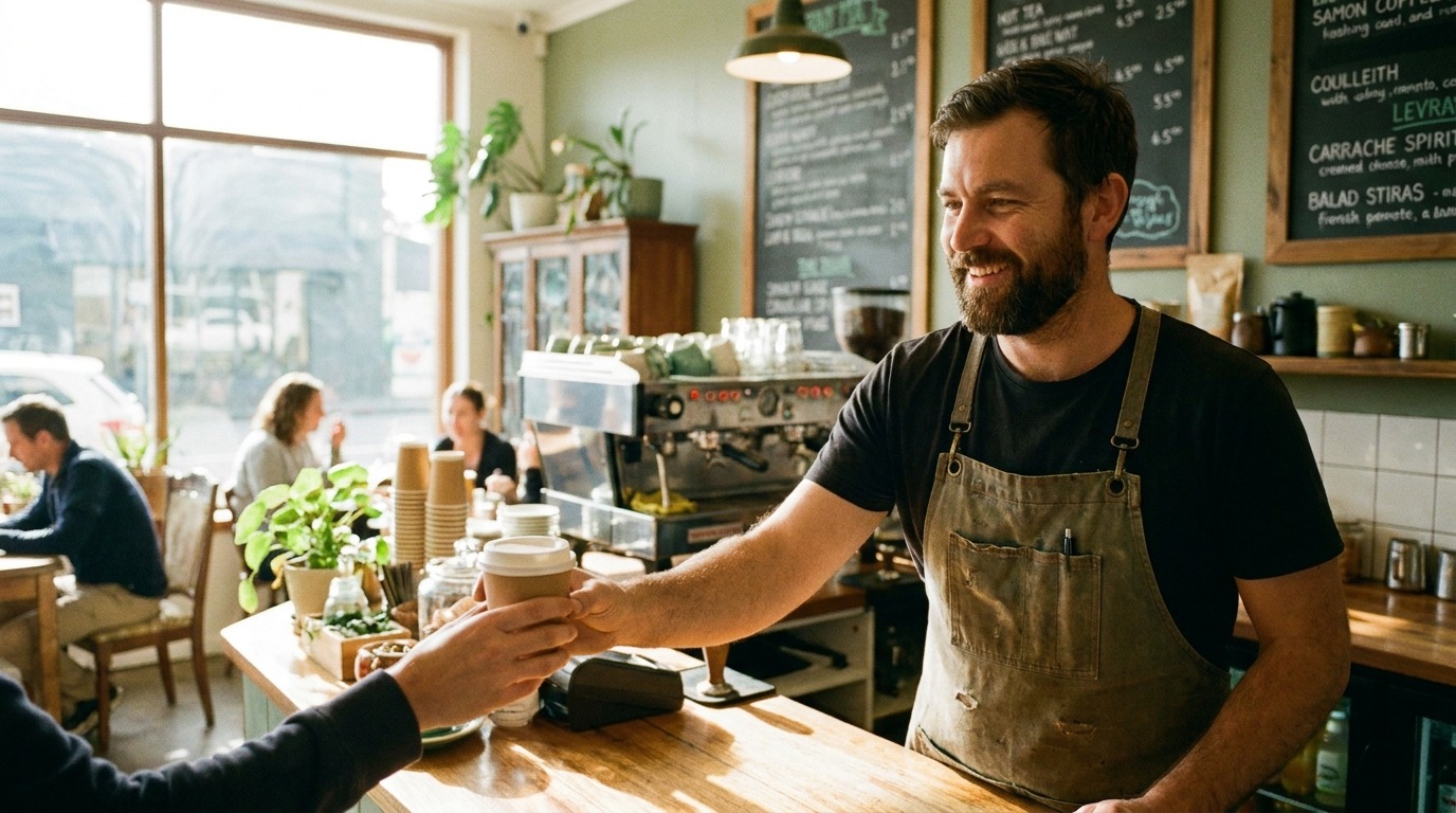 Cafe owner serving coffee behind the counter of a busy Australian cafe.