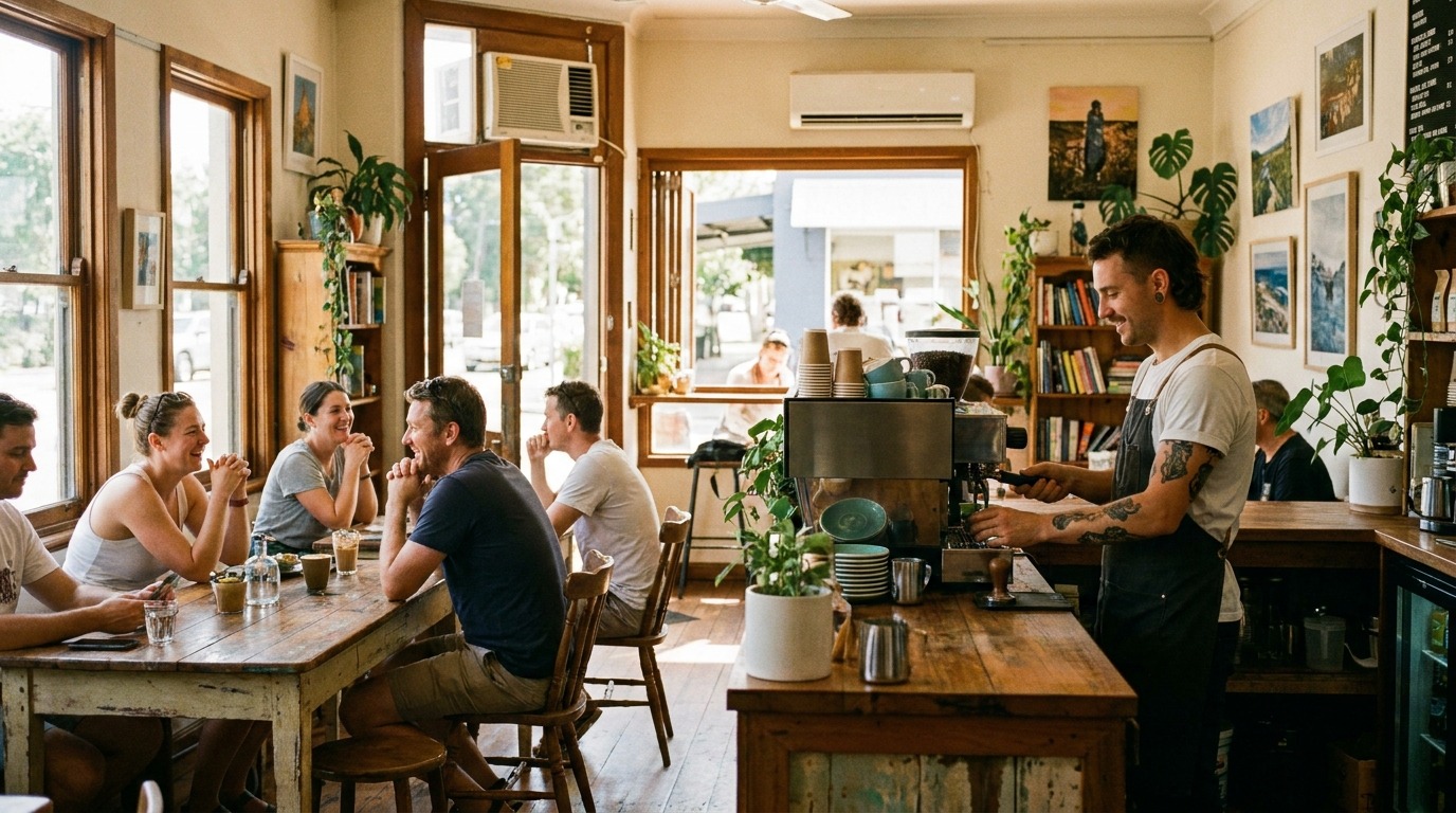 Interior of a thriving Australian cafe with customers and a barista at work.