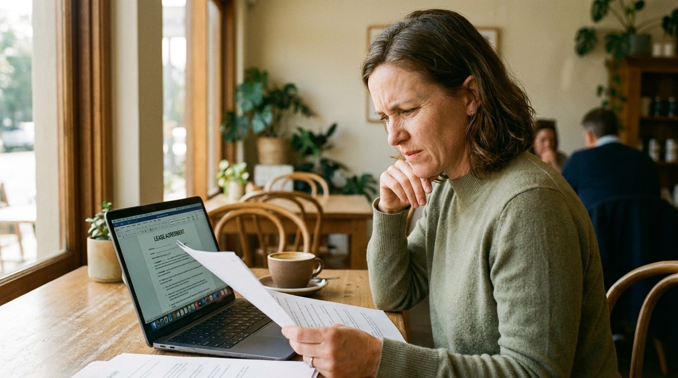 Prospective buyer reviewing a cafe's financials and lease before purchase.