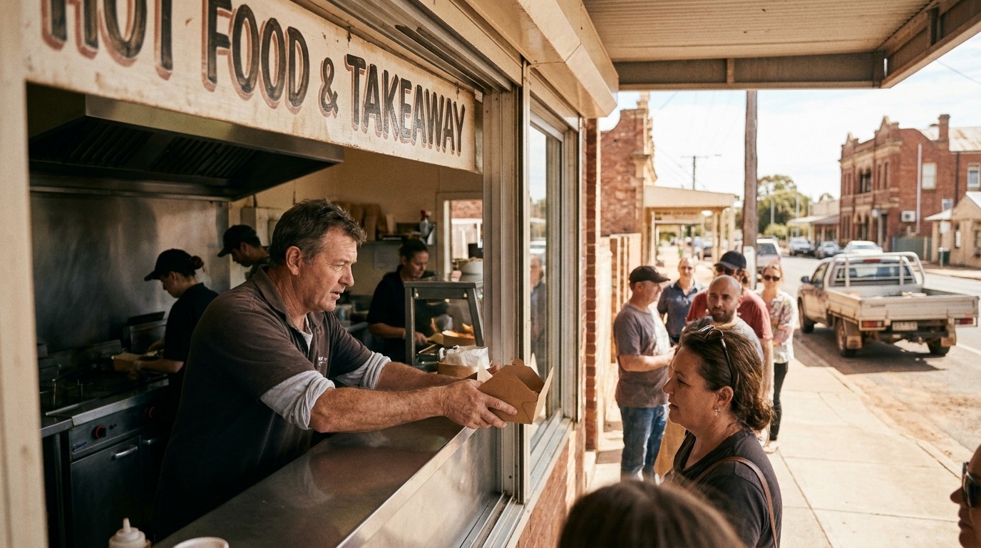 Three hospitality settings - a busy takeaway counter, a cafe, and a restaurant dining room.