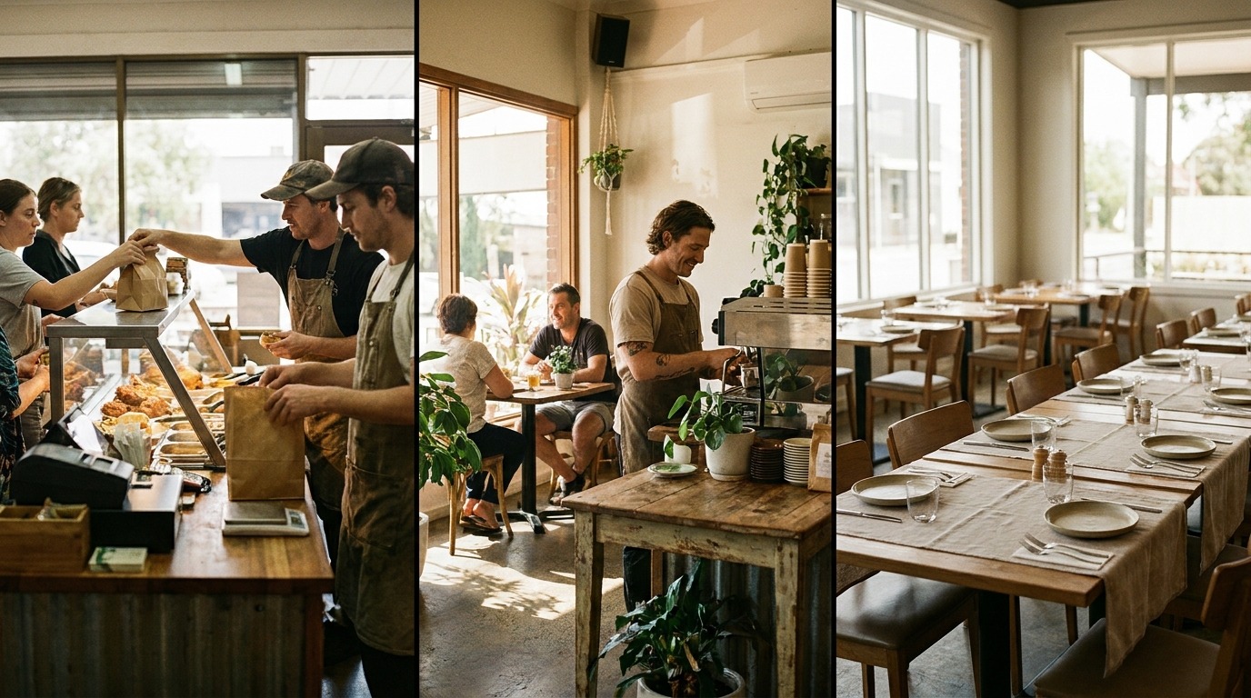 Takeaway shop, cafe and restaurant side by side representing hospitality business choices.