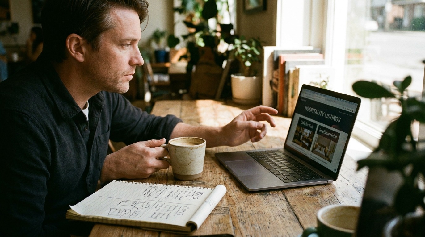 Buyer comparing takeaway, cafe and restaurant listings on a laptop.