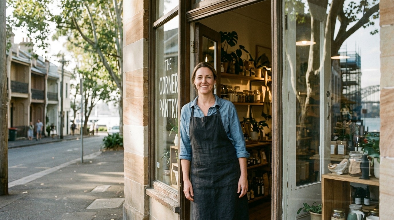 Small business owner in front of their Sydney shopfront with the city skyline behind.
