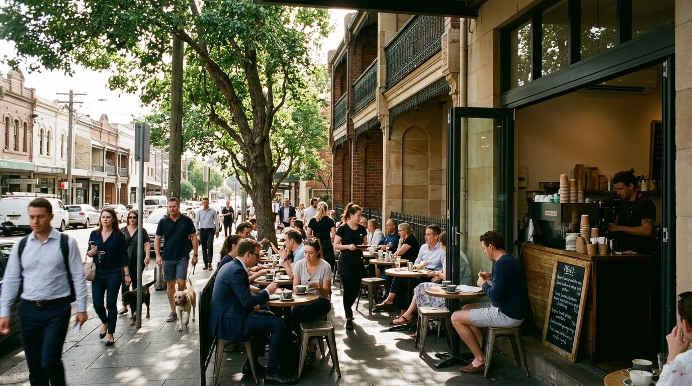 Busy Sydney cafe and streetscape representing the city's hospitality business market.