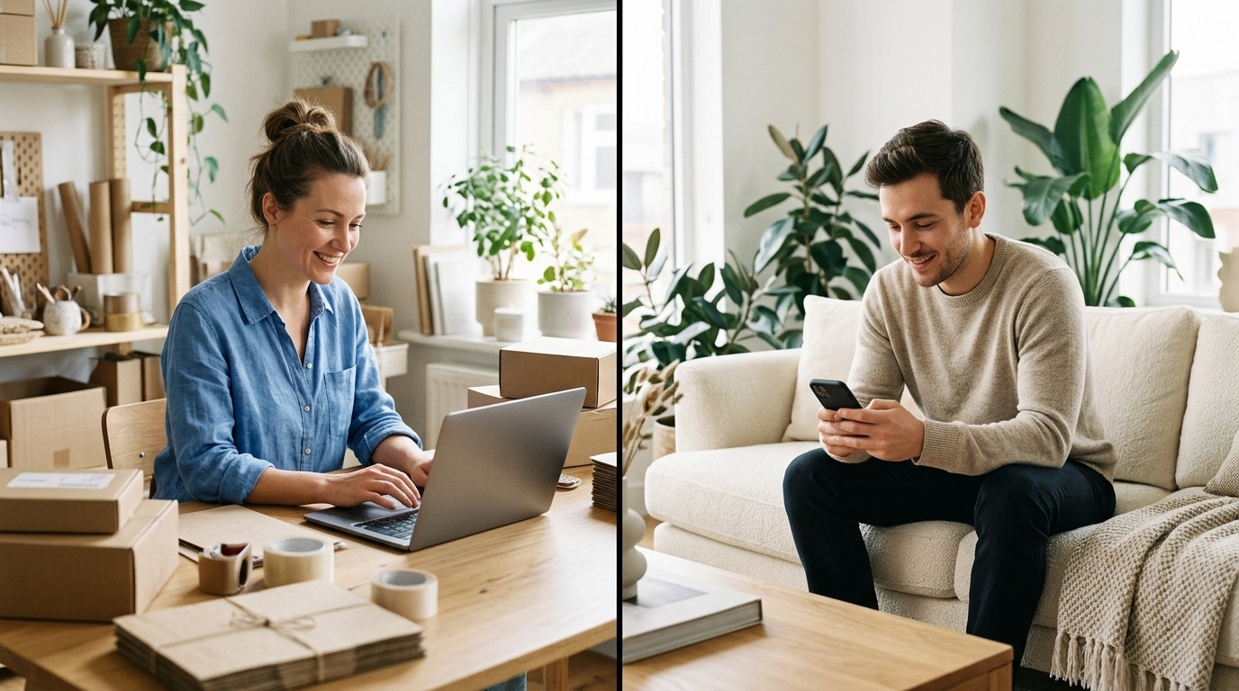 Buyer and seller connecting through an online business marketplace.