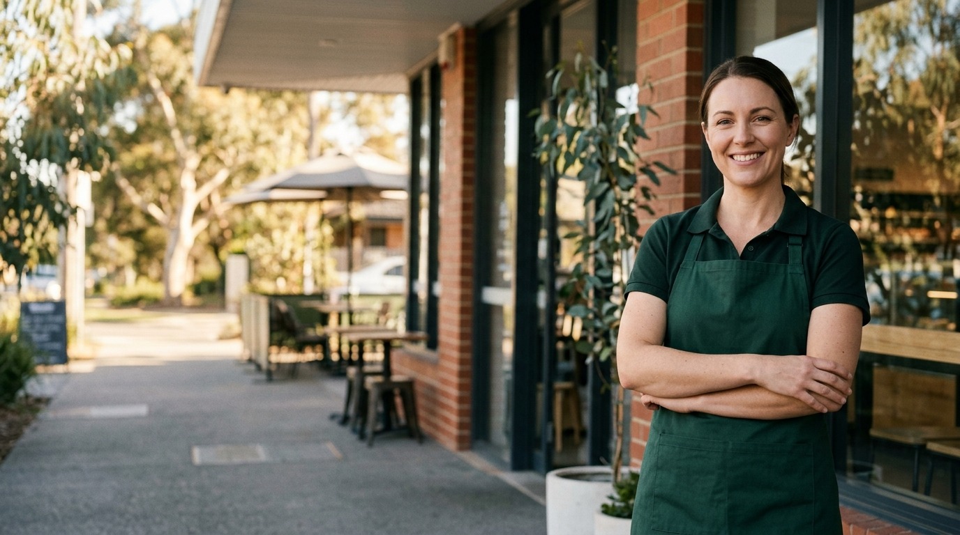 New owner standing in front of their franchise business in Australia.