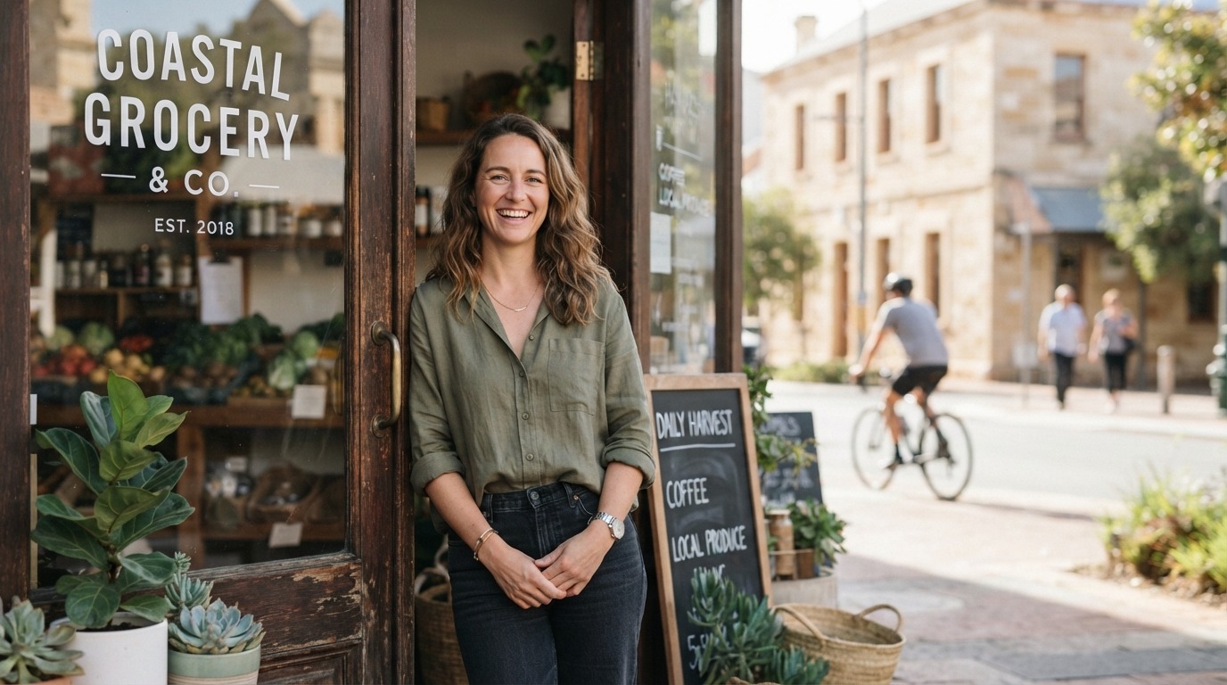Small business owner in front of their Perth shopfront with the WA setting behind.
