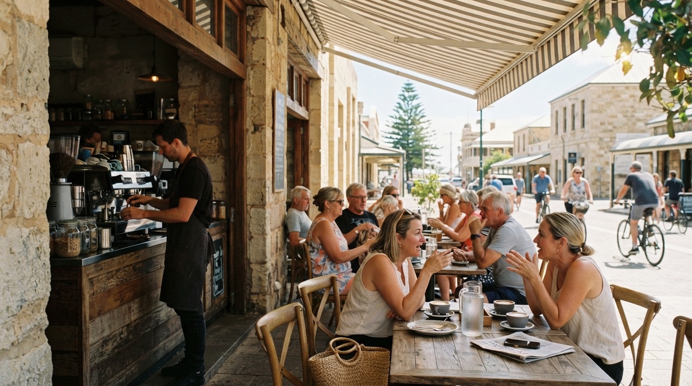 Busy Fremantle cafe and streetscape representing Perth's hospitality business market.