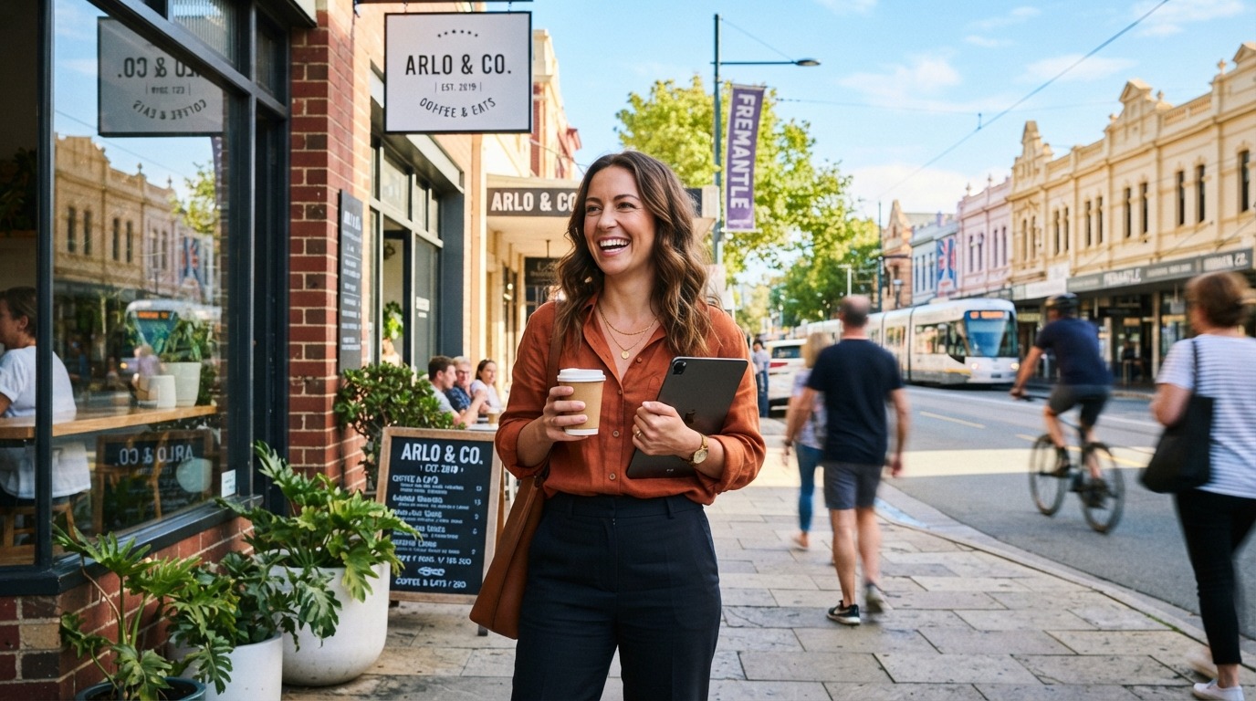 New business owner outside their Perth business considering buying opportunities.