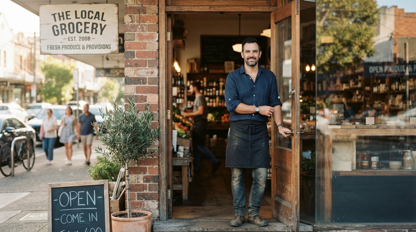 Shop owner standing in the doorway of their retail shop in Australia.